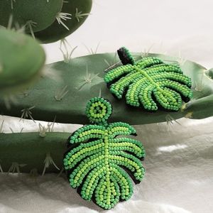 Green Beaded Green Leaf Earrings Gift Jewelry Tropical Accessories